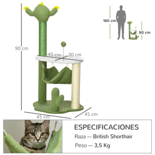 Árbol Rascador para Gatos con Forma de Cactus Altura 90 cm Torre para Gatos con Hamaca Plataforma Postes de Sisal y Bola Divertida 45x45x90 cm Verde