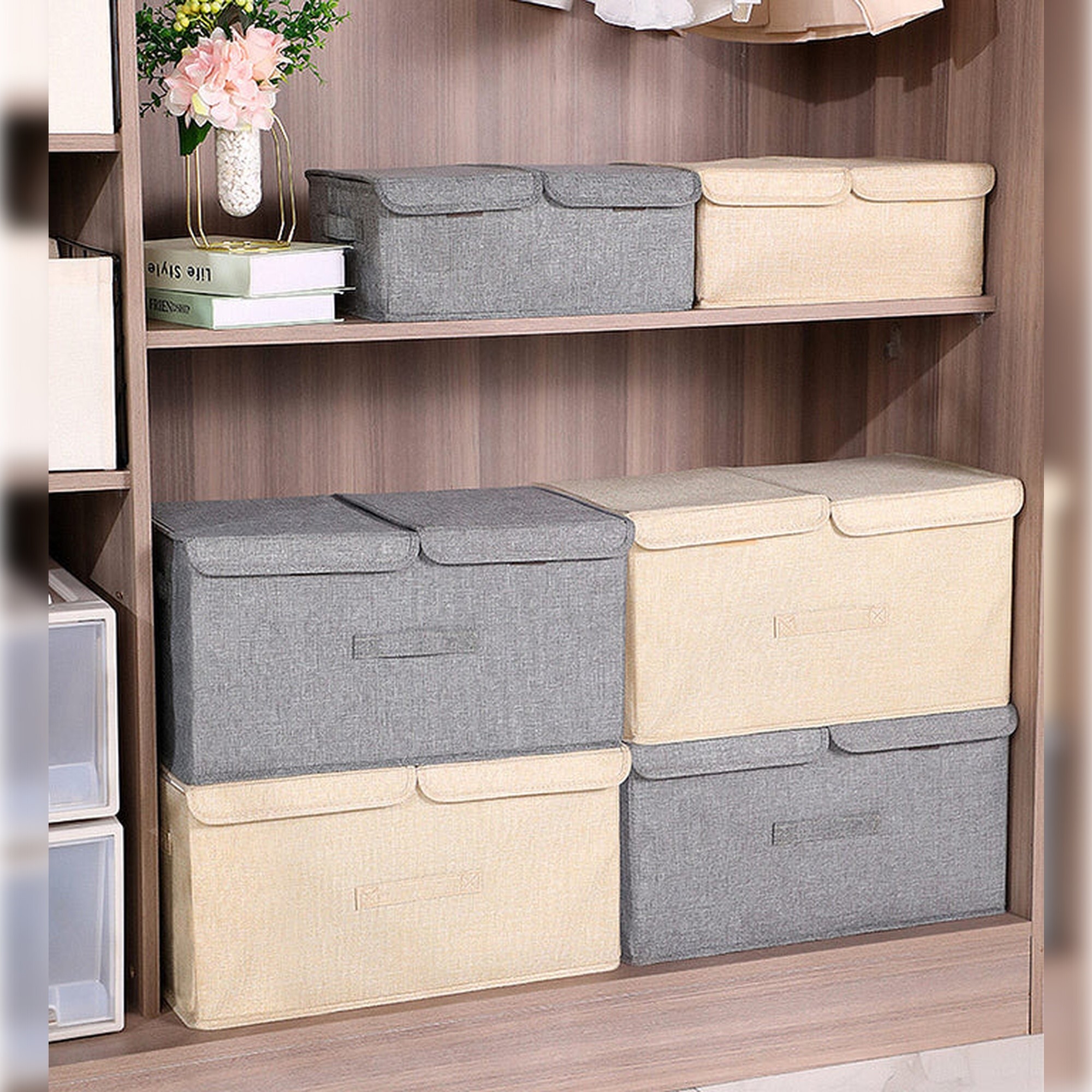 Caja de almacenamiento de ropa de tela plegable con tapa color beige 15l joybos