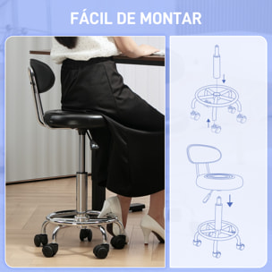 Taburete Giratorio Taburete con Ruedas y Respaldo Taburete de Trabajo con Altura Regulable 70-86 cm Asiento Tapizado de Cuero Sintético Negro