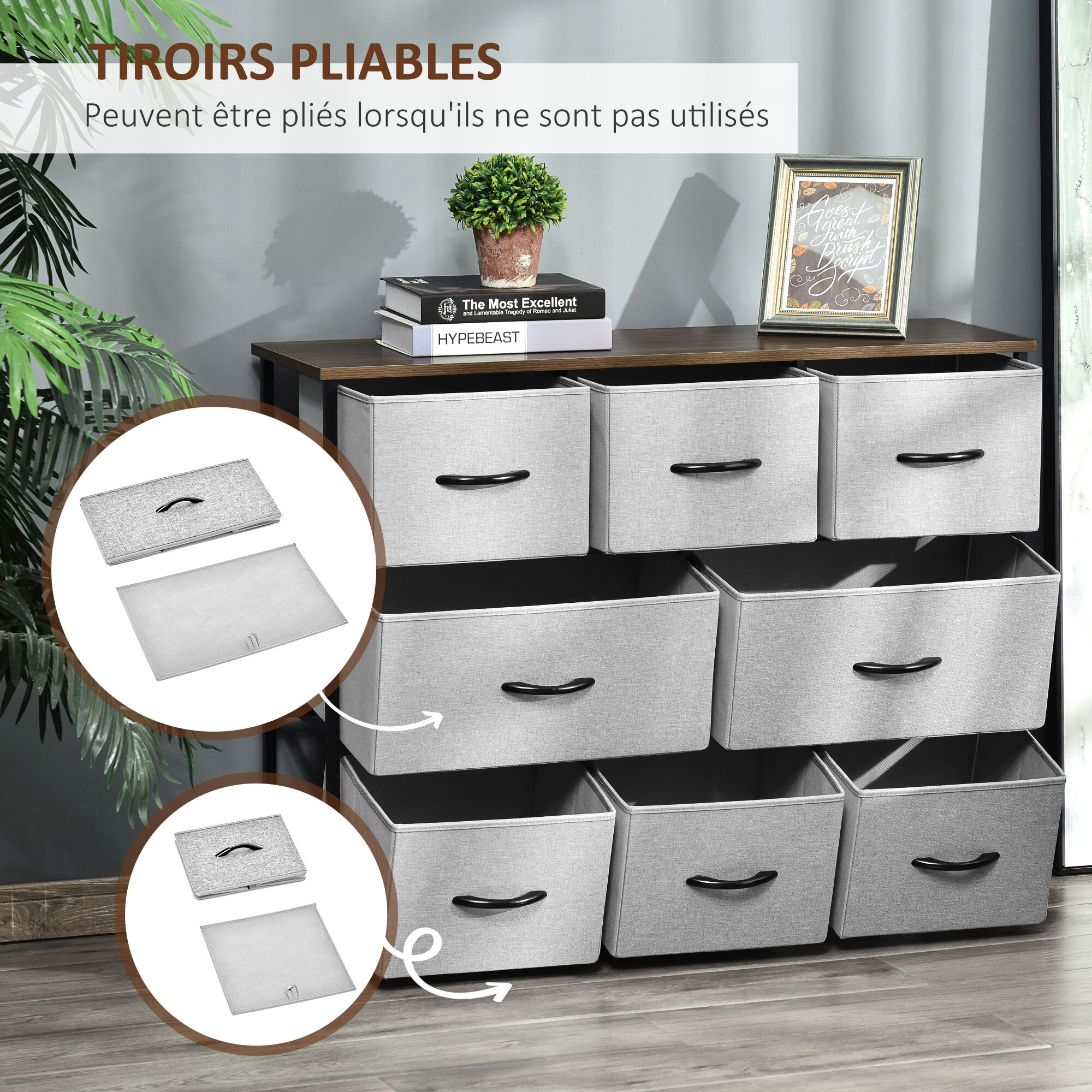 Commode meuble de rangement 8 tiroirs pliables en tissu 100 x 30 x 78,5 cm gris