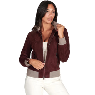 Bomber in pelle scamosciata bordeaux collo in lana merino