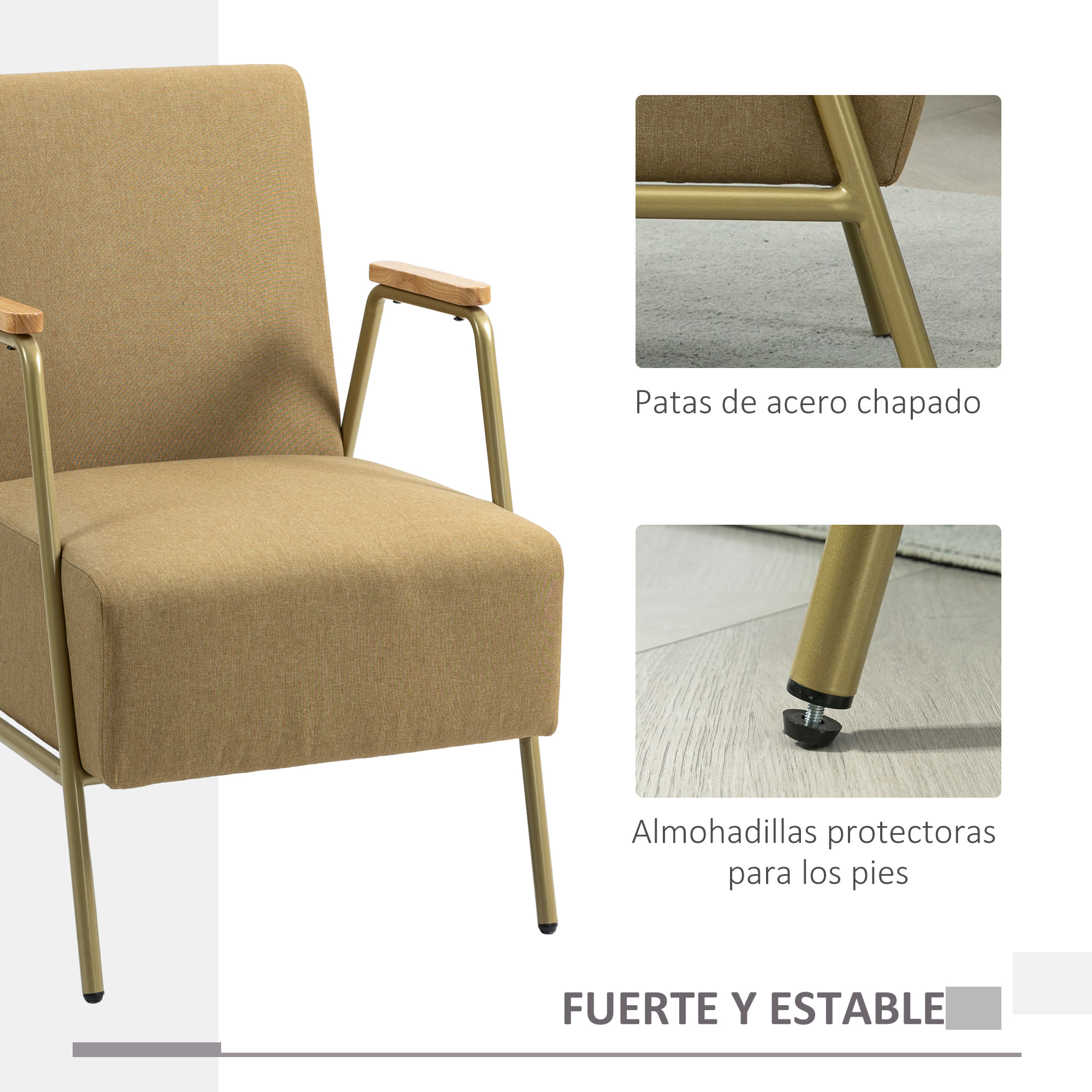 Butaca de Salón Sillón Individual con Reposabrazos Marco de Acero Dorado Estilo Moderno para Salón Dormitorio Marrón Claro