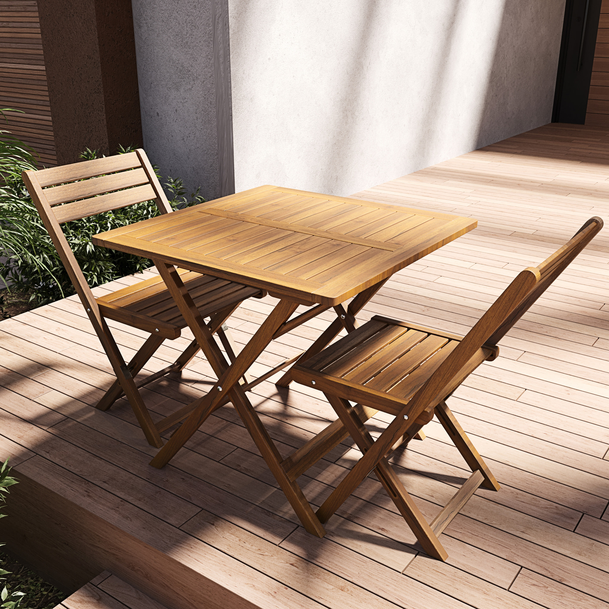 Set Tavolino E 2 Sedie Bistrot In Legno Acacia Pieghevole Portatile Facile Da Chiudere Comodo Trasporto Tavolo Quadrato Esterno Giardino 74x70x70 Cm