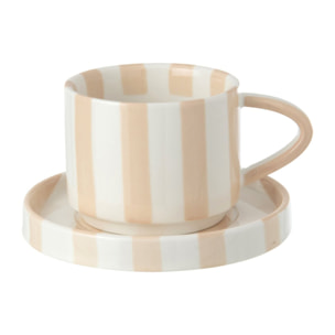 J-Line Tasse et sous-tasse lignée - grès - beige clair/blanc - set de 4