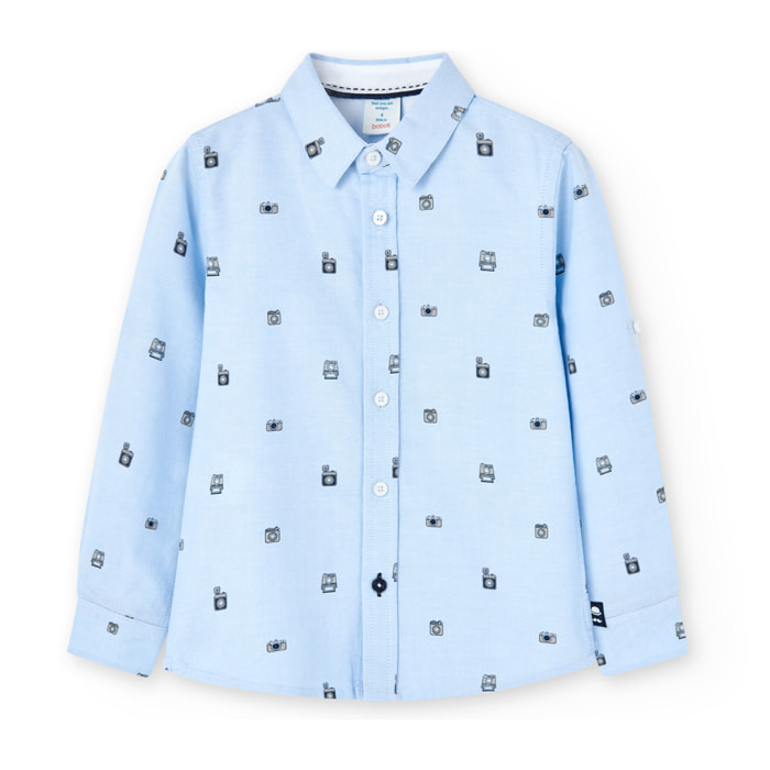 Camisa oxford estampada niÃ±o, cuello camisero, manga larga