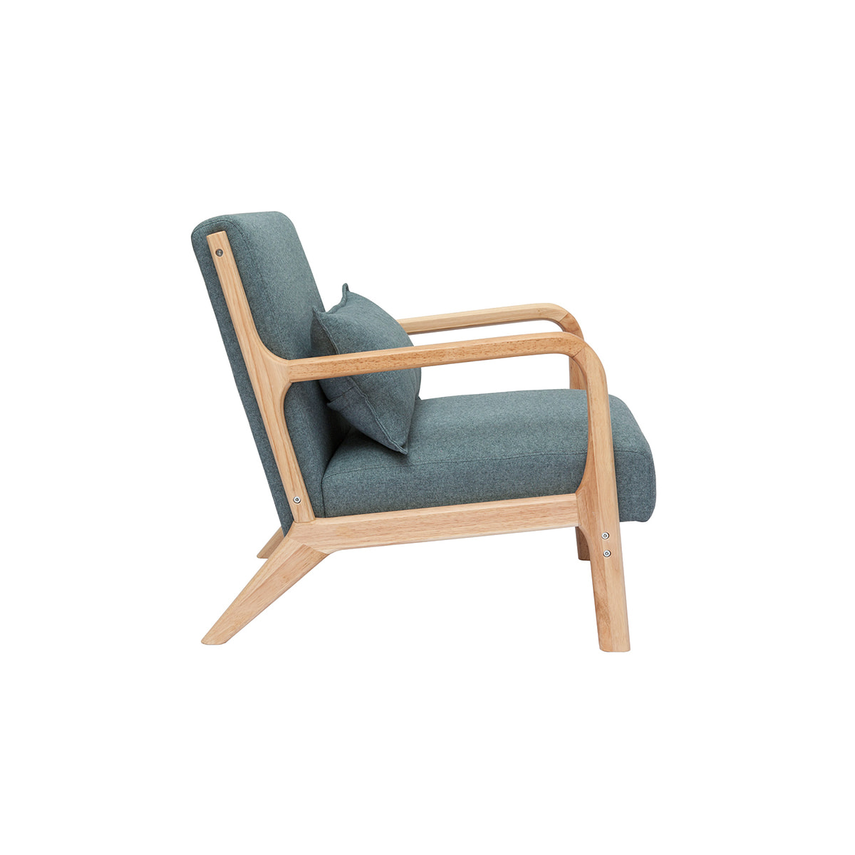 Fauteuil scandinave en tissu vert de gris et bois clair massif DERRY