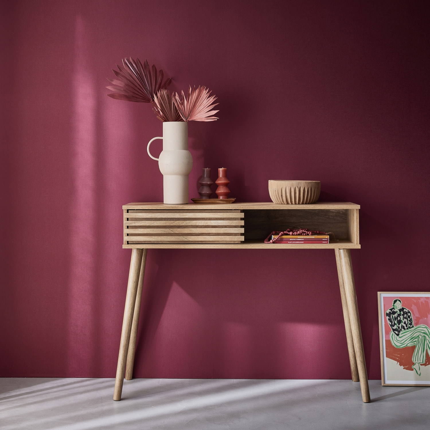 Console scandinave décor bois avec porte coulissante rainurée MADERE
