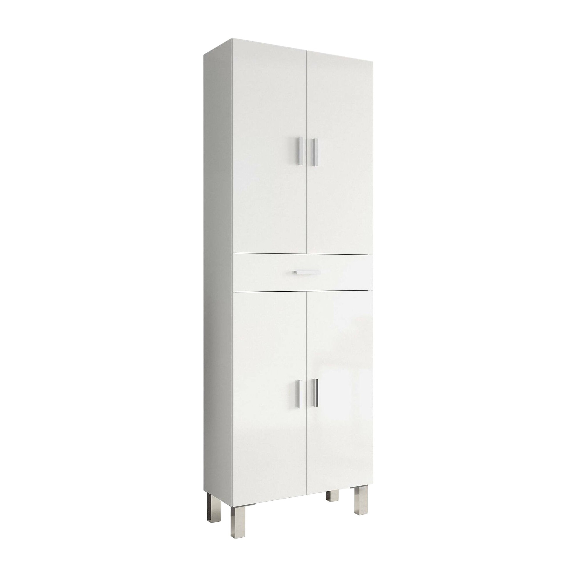 Armadio multiuso grande Amiga, Mobile per bagno o lavanderia a 4 ante e 1 cassetto, Armadio multiuso porta scarpe, 60x29h182 cm, Bianco lucido