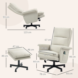 Fauteuil de massage avec repose-pied - style néo-rétro - châssis acier noir aspect lin beige