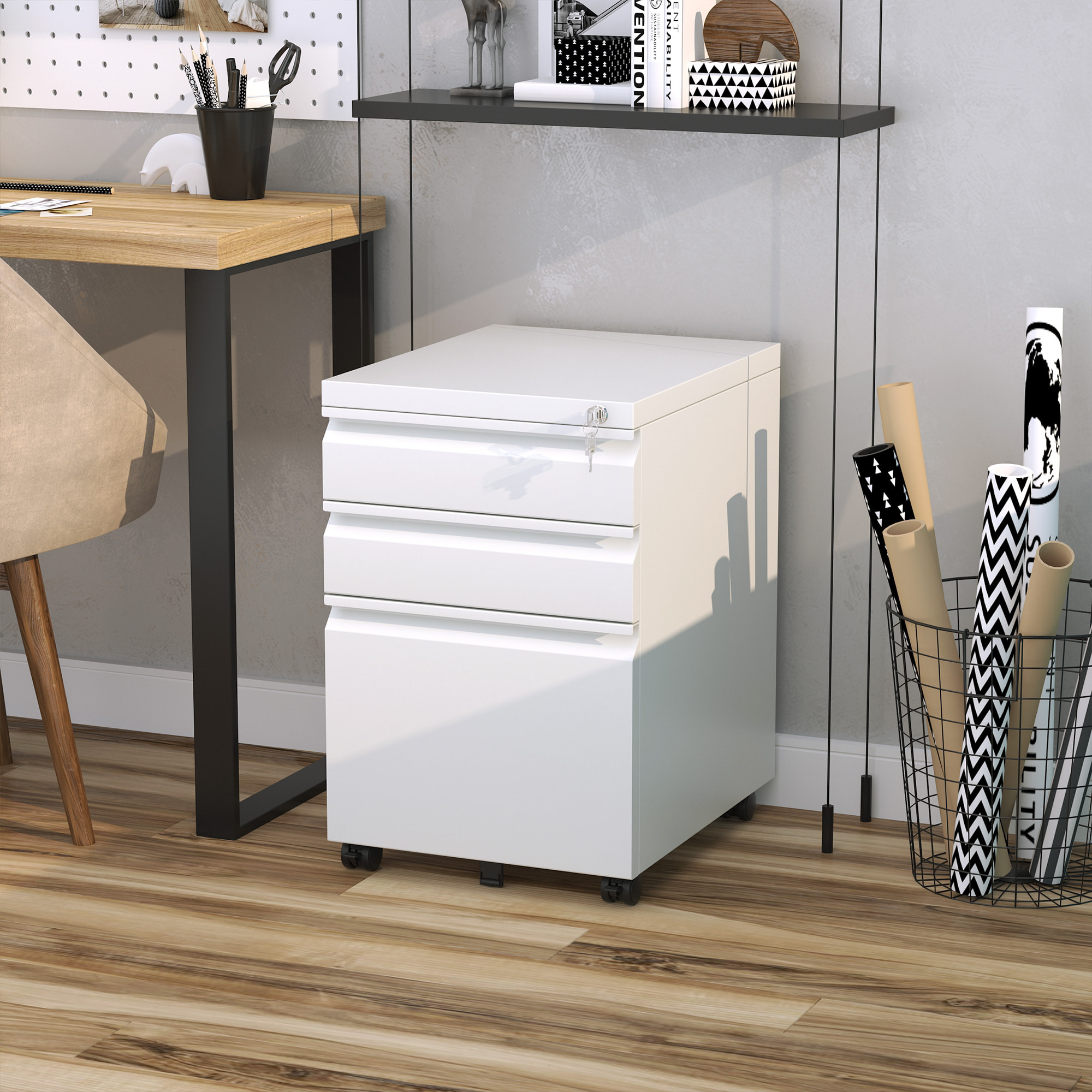 Cajonera de Oficina Mueble Archivador de Acero con 4 Ruedas 3 Cajones Cerradura y 2 Llaves para Tamaño A4 Carta para Estudio Salón 39x48x60 cm Blanco