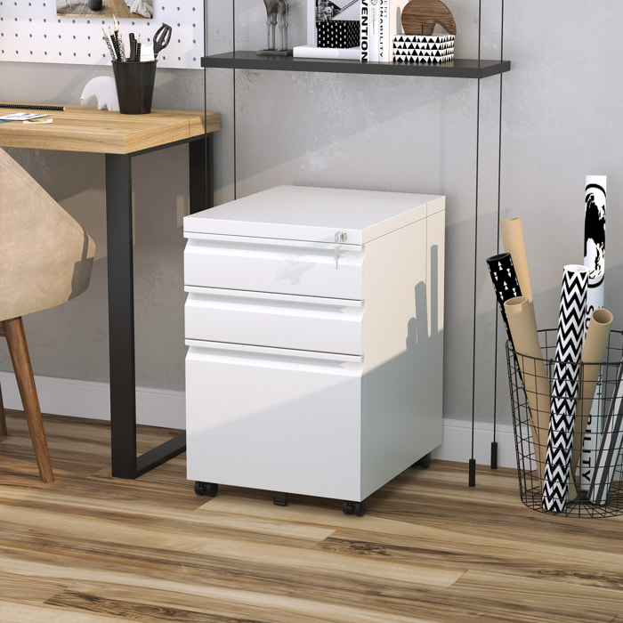 Cajonera de Oficina Mueble Archivador de Acero con 4 Ruedas 3 Cajones Cerradura y 2 Llaves para Tamaño A4 Carta para Estudio Salón 39x48x60 cm Blanco