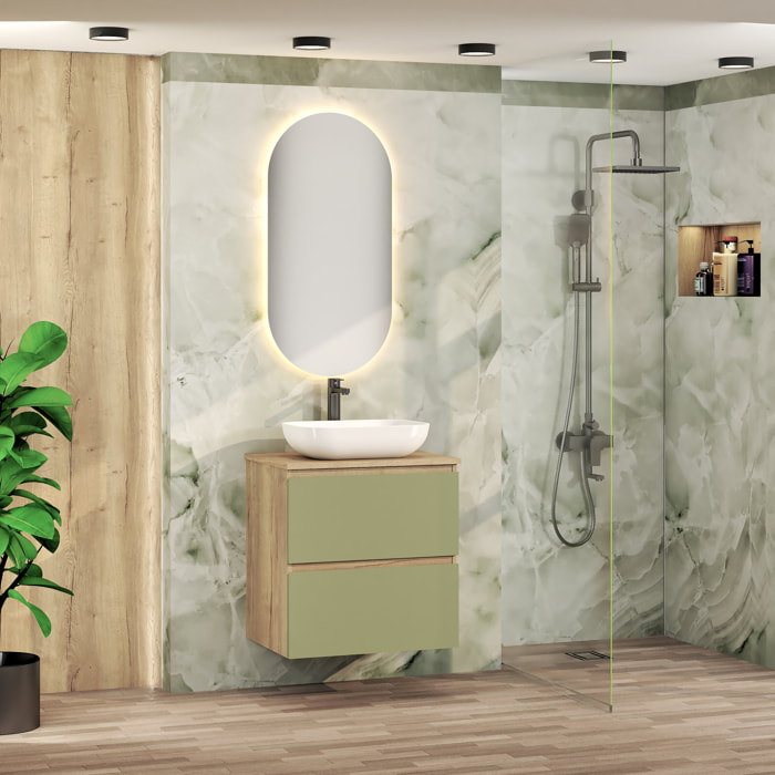 Ensemble de Salle de Bain Nia | Meuble Suspendu | 60 cm Vert | Deux Tiroirs |Lavabo sur Plan | Miroir non inclus | Meuble Monté | Alday