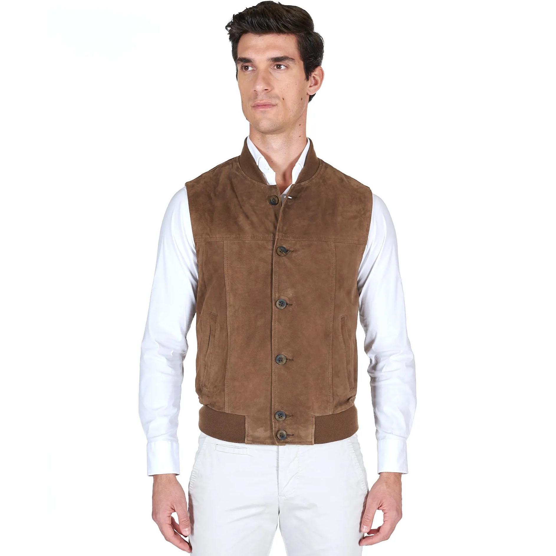 Gilet in pelle camoscio color fango con bottoni