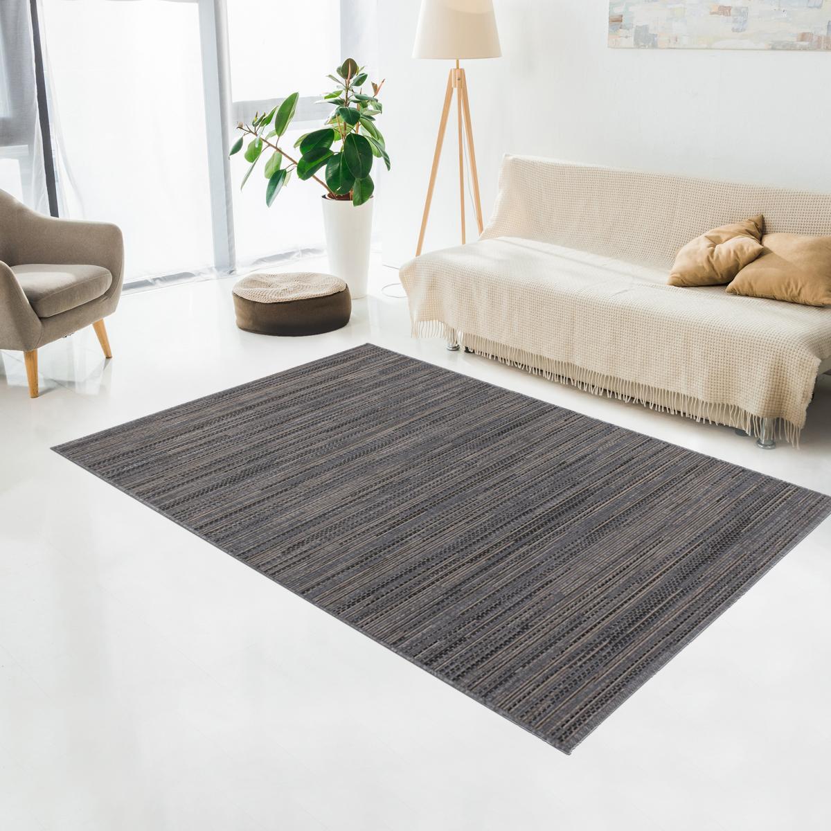 tapis entrée 80x150 tissé gris et marron rectangle motif faux uni SUSA 1