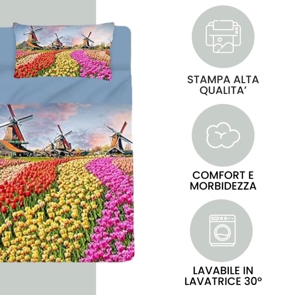 INTRECCI Set Lenzuola Singolo in Cotone, Stampa Alta Qualità, Lenzuolo Sotto + Lenzuolo Sopra + 1 Federa, Comfort, Morbidezza, per Pelli Sensibili, non Stringe in Lavatrice. Fantasia: Olanda