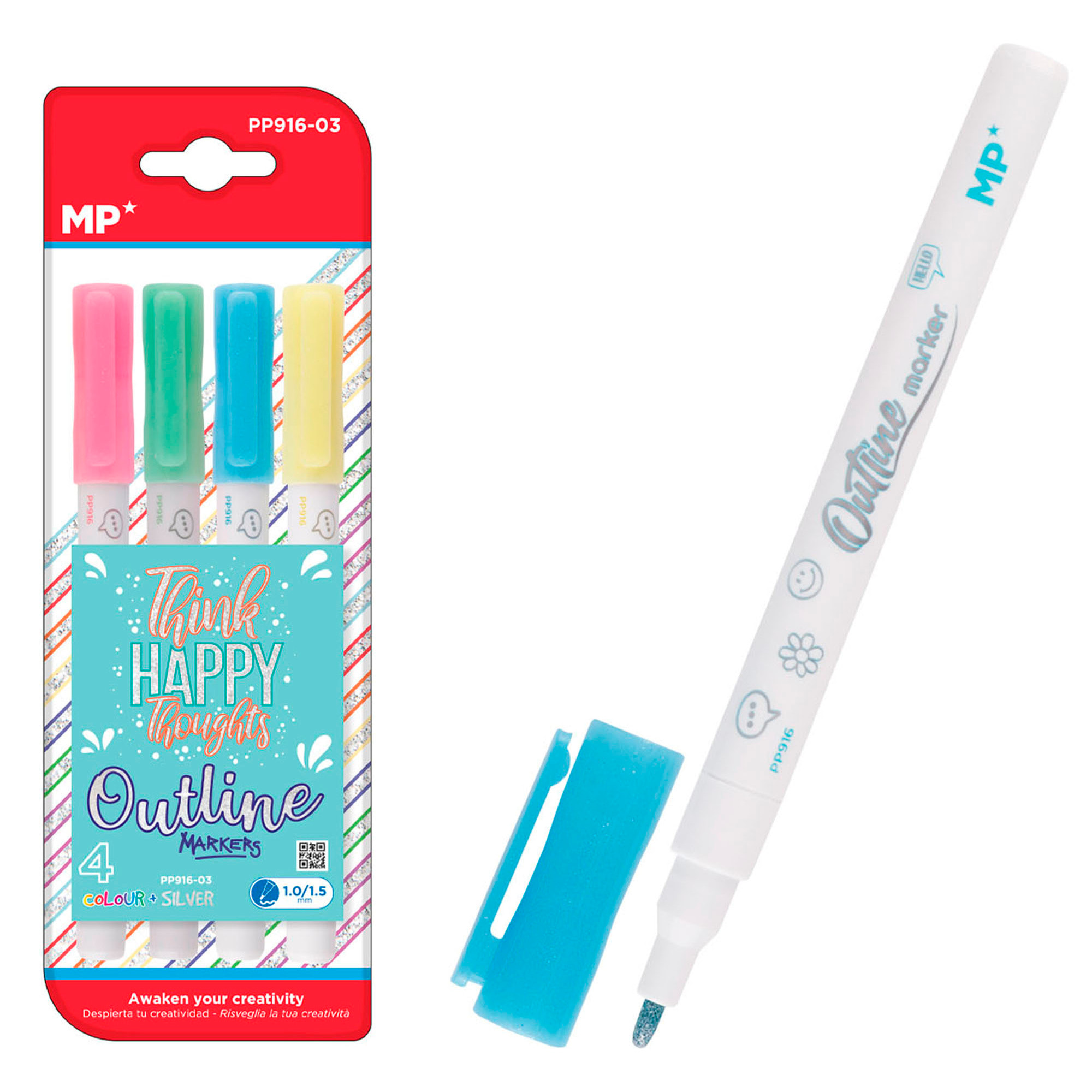 SET 4 PCS MARKER MAGICO OUT LINER DOPPIO IN LINEA. Rosa, blu, verde chiaro e giallo pallido.