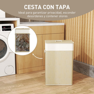 Cesto de Ropa Sucia con Tapa 72L Cesta Colada de Bambú con Bolsa Interior Extraíble y Asas para Lavandería Dormitorio 40x30x60 cm Natural