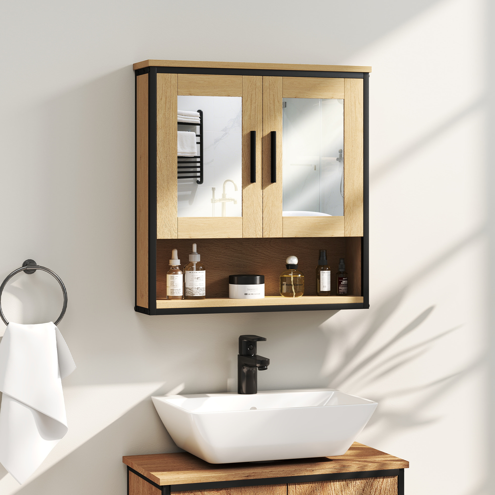 Armoire miroir murale salle de bain - 2 portes, étagère, niche - acier noir effet bois