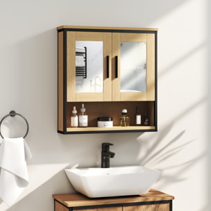 Armoire miroir murale salle de bain - 2 portes, étagère, niche - acier noir effet bois
