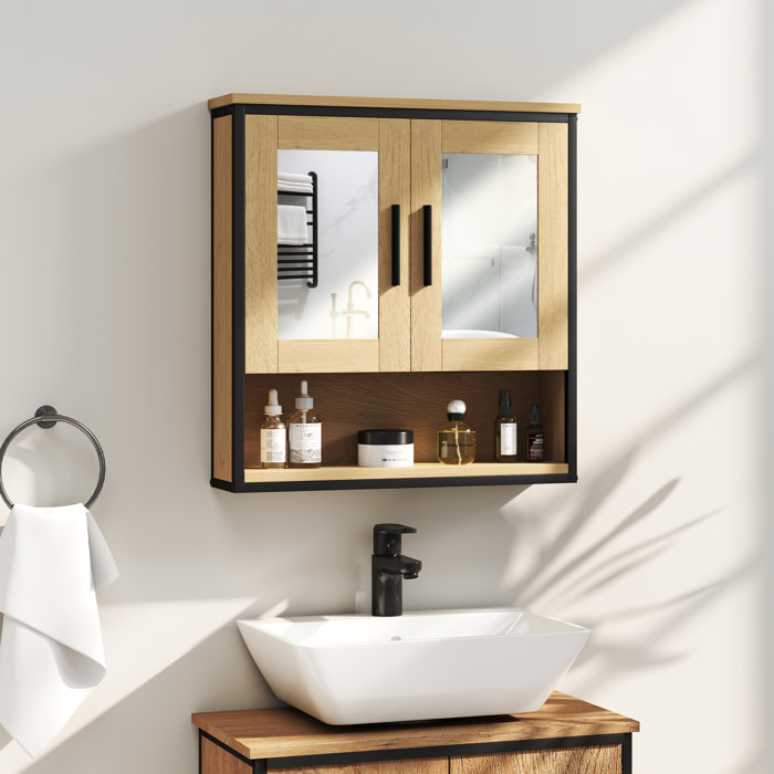 Armoire miroir murale salle de bain - 2 portes, étagère, niche - acier noir effet bois
