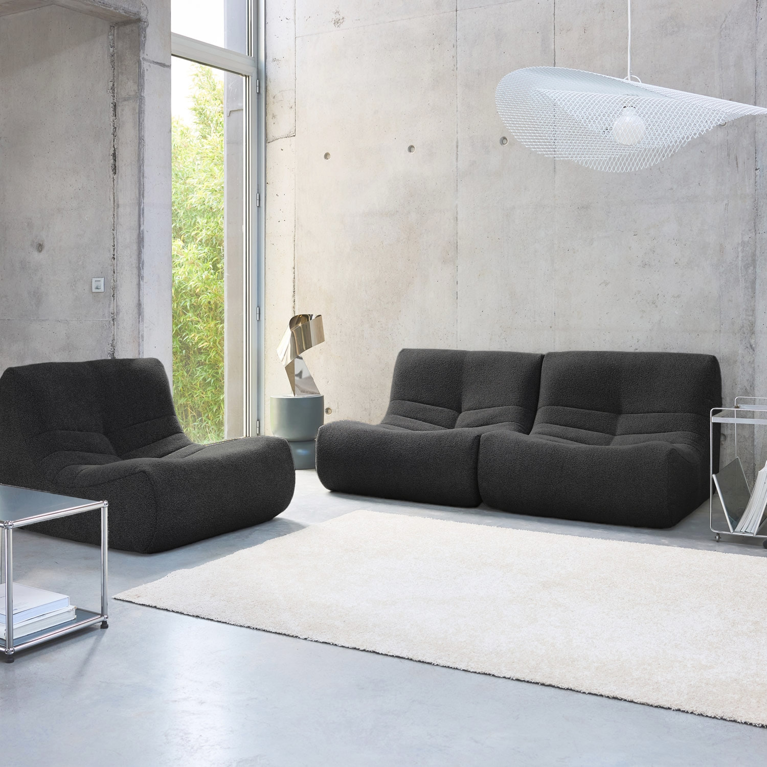 Lot de 3 fauteuils chauffeuses en bouclette texturée noir style contemporain 1 place