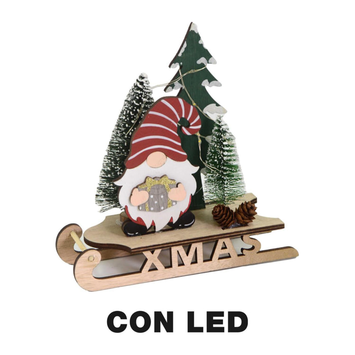 Gnomo in legno su slitta con led rosso cm18x7h18,5