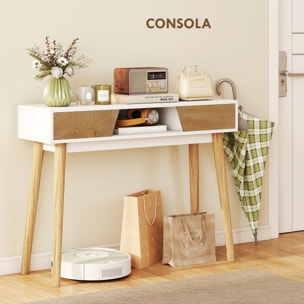 Mesa de Consola Estrecha Consola de Recibidor Mesa de Sofá Moderna con 2 Cajones Compartimento y Patas de Madera para Pasillo Entrada Salón Dormitorio Blanco