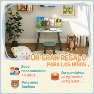 Mesa y Silla Infantiles de 2 Piezas Mesa Infantil con Silla y Estante para Libros Escritorio para Niños de +3 Años para Sala de Juegos Verde