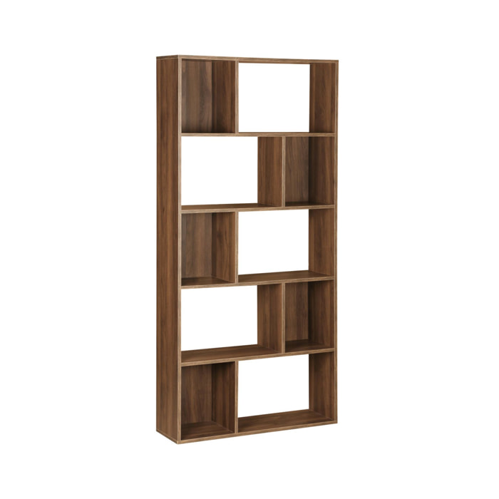 Bibliothèque design asymétrique couleur bois foncé noyer– Pieter – 5 étagères. 10 compartiments de rangement. 83x23x173cm