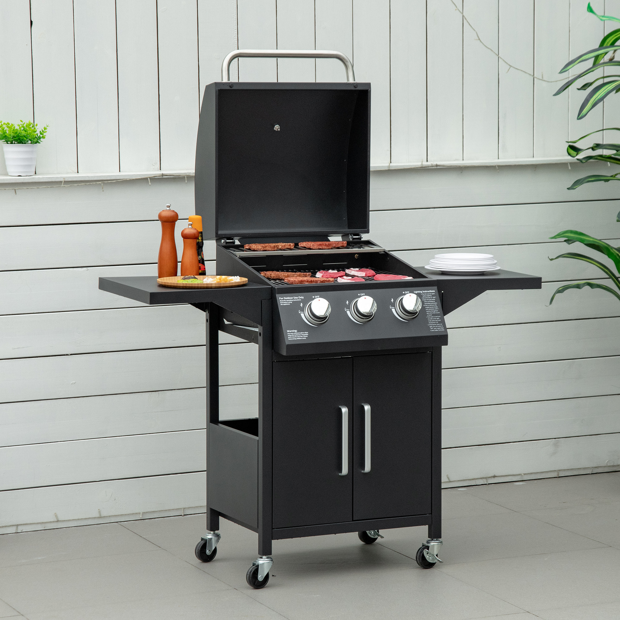 Barbacoa de Gas con 3 Quemadores 8,7 KW Termómetro 2 Parrillas de Gas con 2 Mesas Laterales Armario de 2 Puertas 4 Ruedas y Frenos Acero al Carbono para BBQ 121x55x109 cm Negro