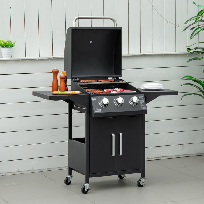 Barbacoa de Gas con 3 Quemadores 8,7 KW Termómetro 2 Parrillas de Gas con 2 Mesas Laterales Armario de 2 Puertas 4 Ruedas y Frenos Acero al Carbono para BBQ 121x55x109 cm Negro