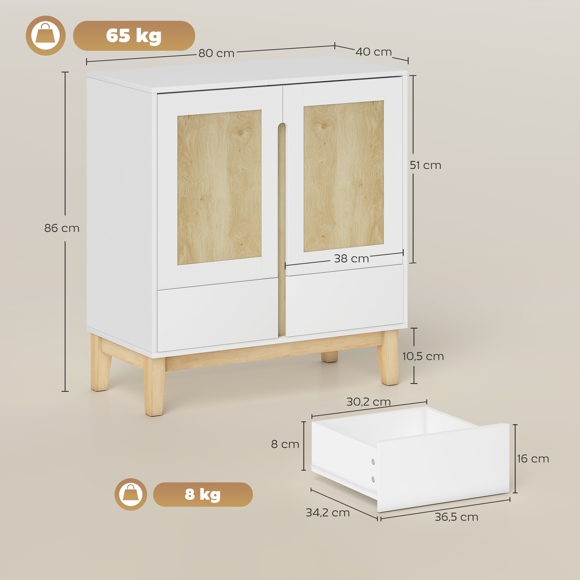 Buffet style nordique - 2 portes, étagère, 2 tiroirs - piètement bois banc effet bois clair