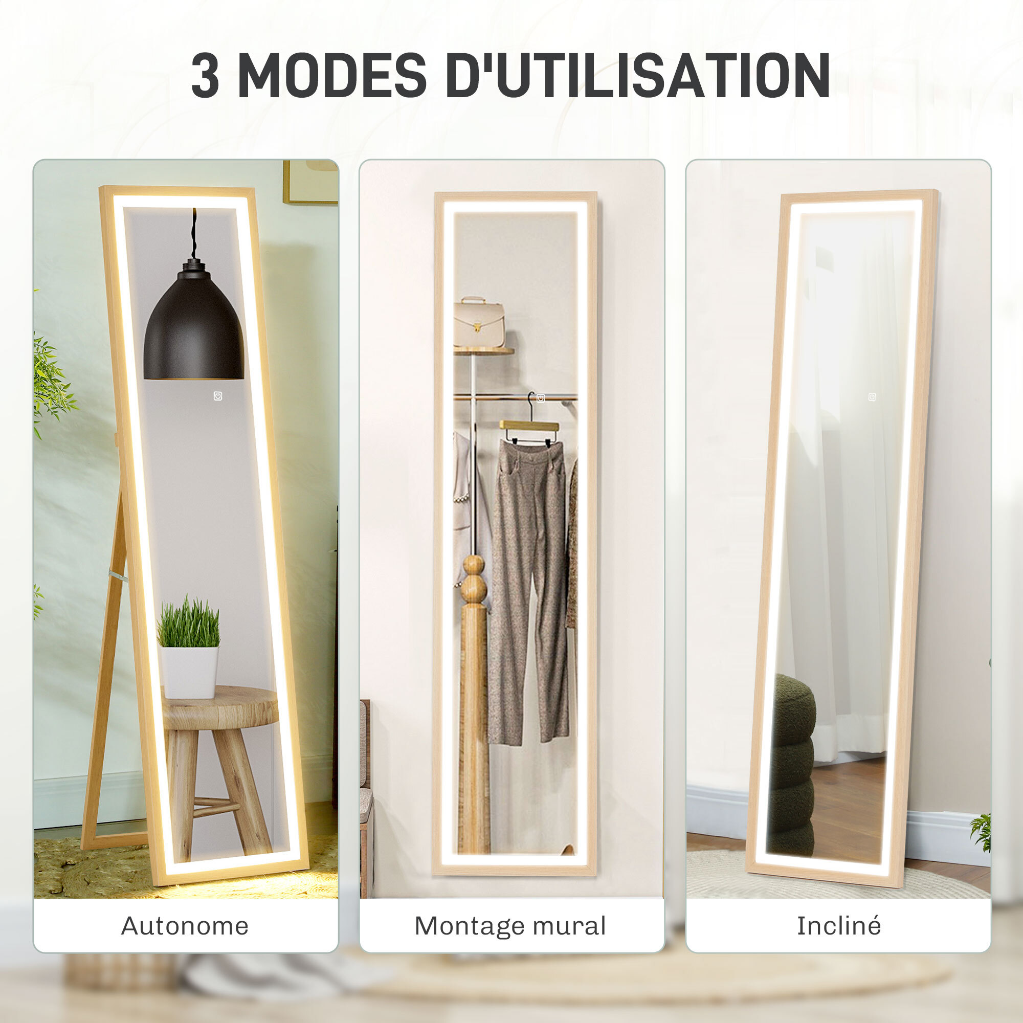 Grand miroir LED pleine longueur 40 x 160 cm autoportant ou à fixer - 3 couleurs luminosité réglable - effet bois