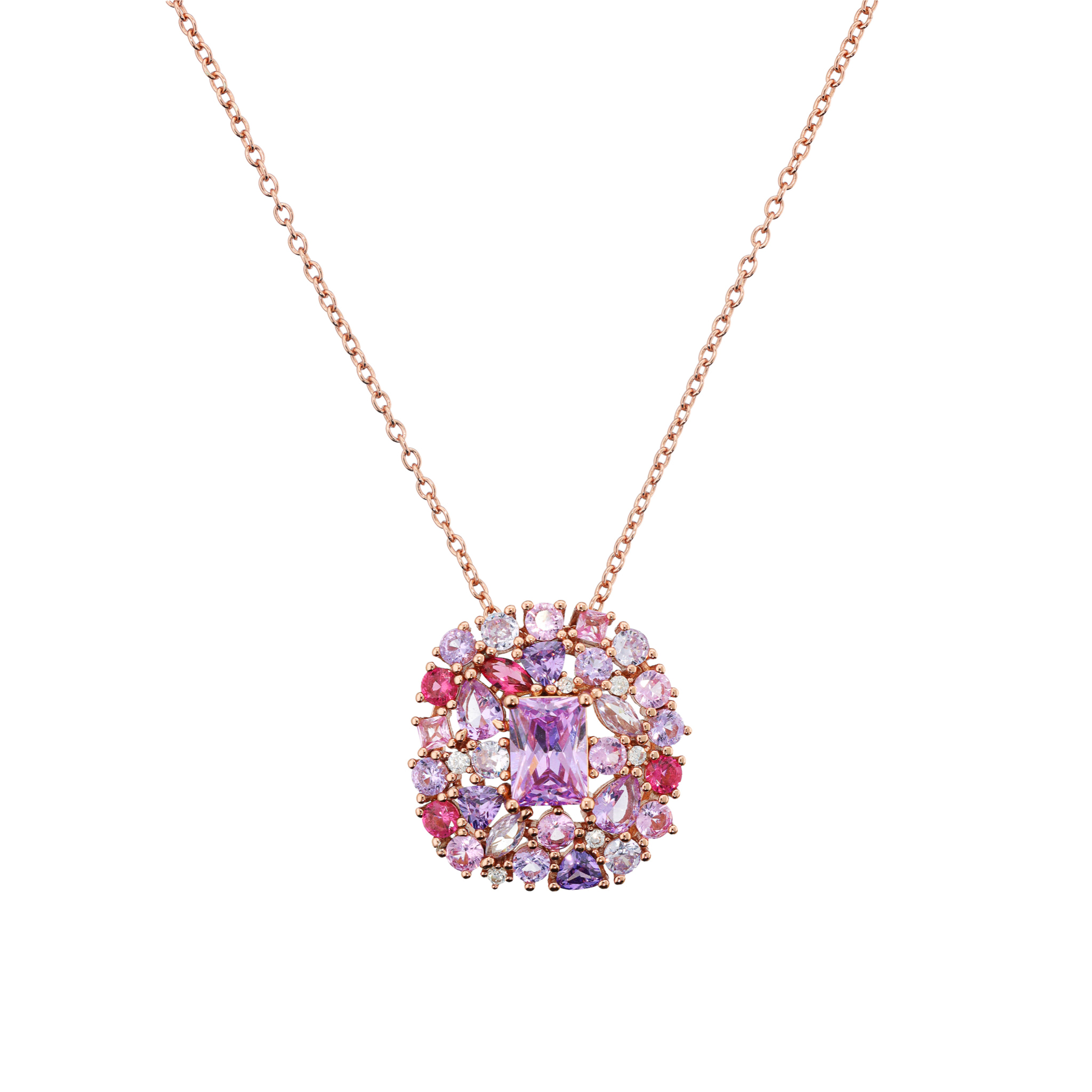 Collana Catena Rolo in Argento 925 con Pendente in Pavé Misto di Cubic Zirconia Rosa e Viola Effetto Degradé