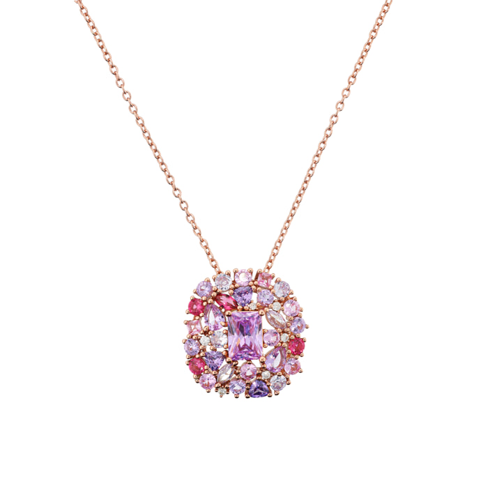 Collana Catena Rolo in Argento 925 con Pendente in Pavé Misto di Cubic Zirconia Rosa e Viola Effetto Degradé