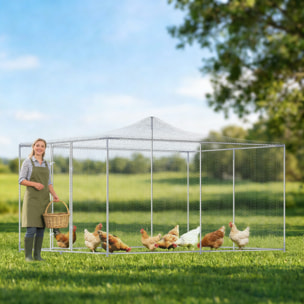 Gallinero para Exterior Grande, 4x3x1,97 m, 12 m², Gallinero de Acero Galvanizado con Puerta con Doble Cierre, Red Superior de PE, Impermeable, Diseño Walk-In, Jaula para Conejos y Patos, Plata