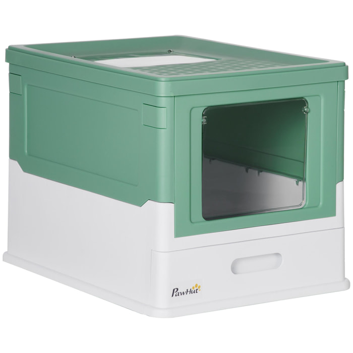Maison de toilette pliable pour chat - tiroir à litière coulissant, porte battante et trappe transparente, pelle - blanc vert