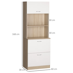 Buffet haut - armoire de cuisine - 2 tiroirs coulissants, placard haut porte relevable, niche, plateau - aspect bois clair blanc