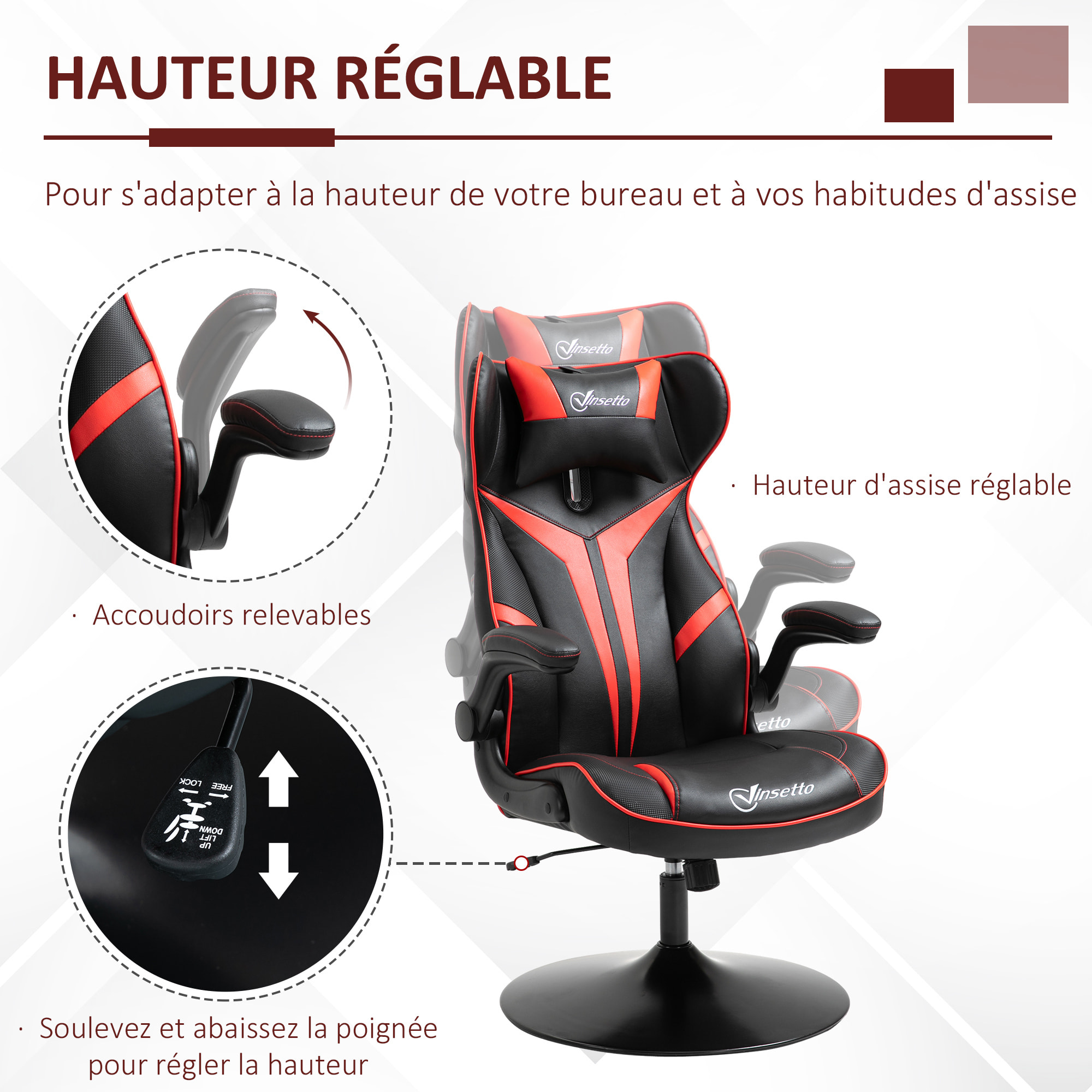 Fauteuil gaming base ronde métal pivotante 360° hauteur réglable tétière accoudoirs relevables PVC rouge noir