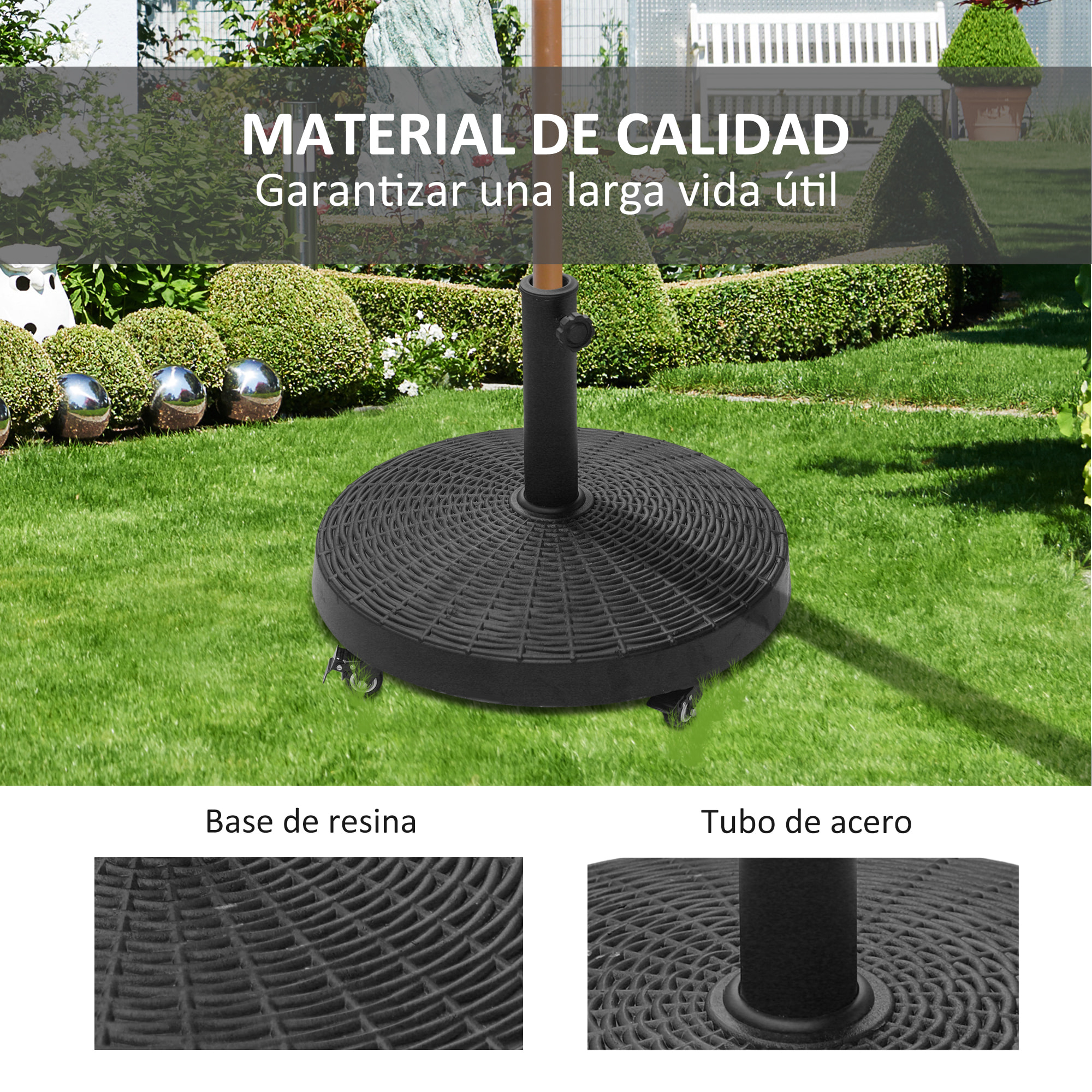 Base para Sombrilla Redonda Ø52 cm 22,7 kg Soporte para Parasol de Resina con Ruedas Pie para Sombrilla con Postes Ø38 mm y Ø48 mm Diseño de Ratán para Jardín Patio Terraza Negro