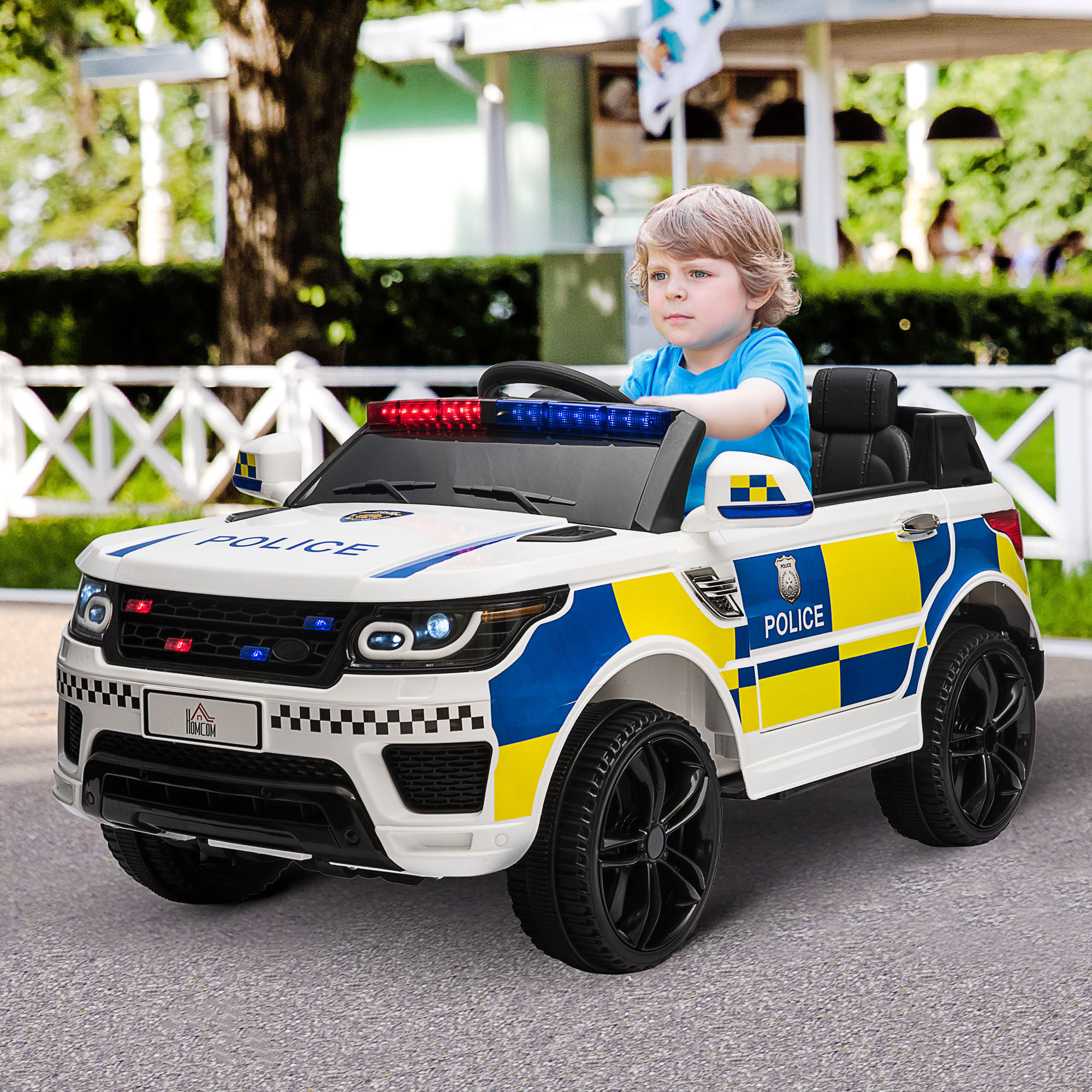 Coche Eléctrico para Niños de +3 Años Carro Eléctrico Infantil de Policía Coche de Batería 12V con Mando a Distancia Bluetooth Luz USB Sirena Blanco