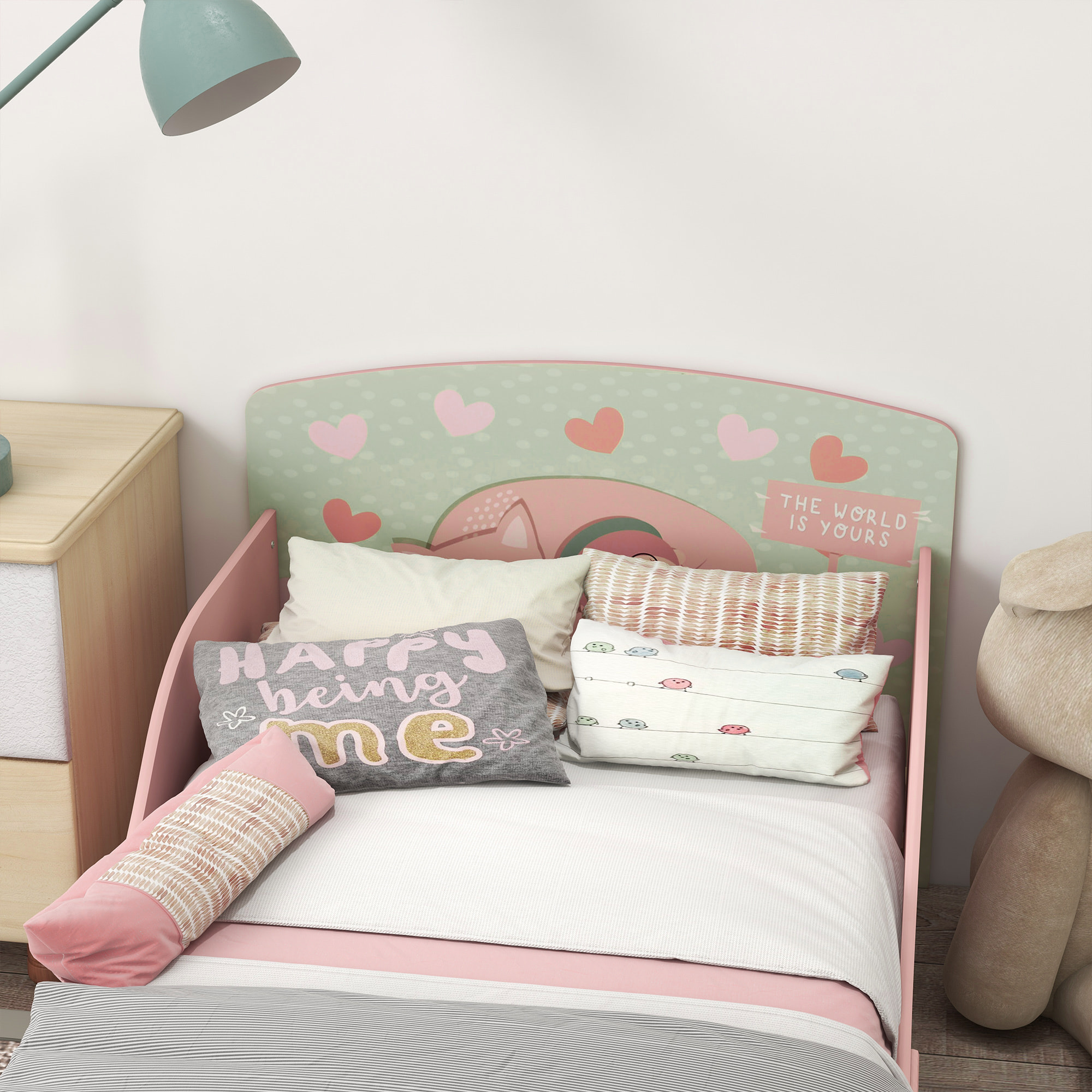 Cama Infantil de Madera 143x77x60 cm Cama para Niños de 3-6 Años con Barreras de Protección y Estampados Carga Máx. 40 kg Mueble de Dormitorio Moderno Rosa