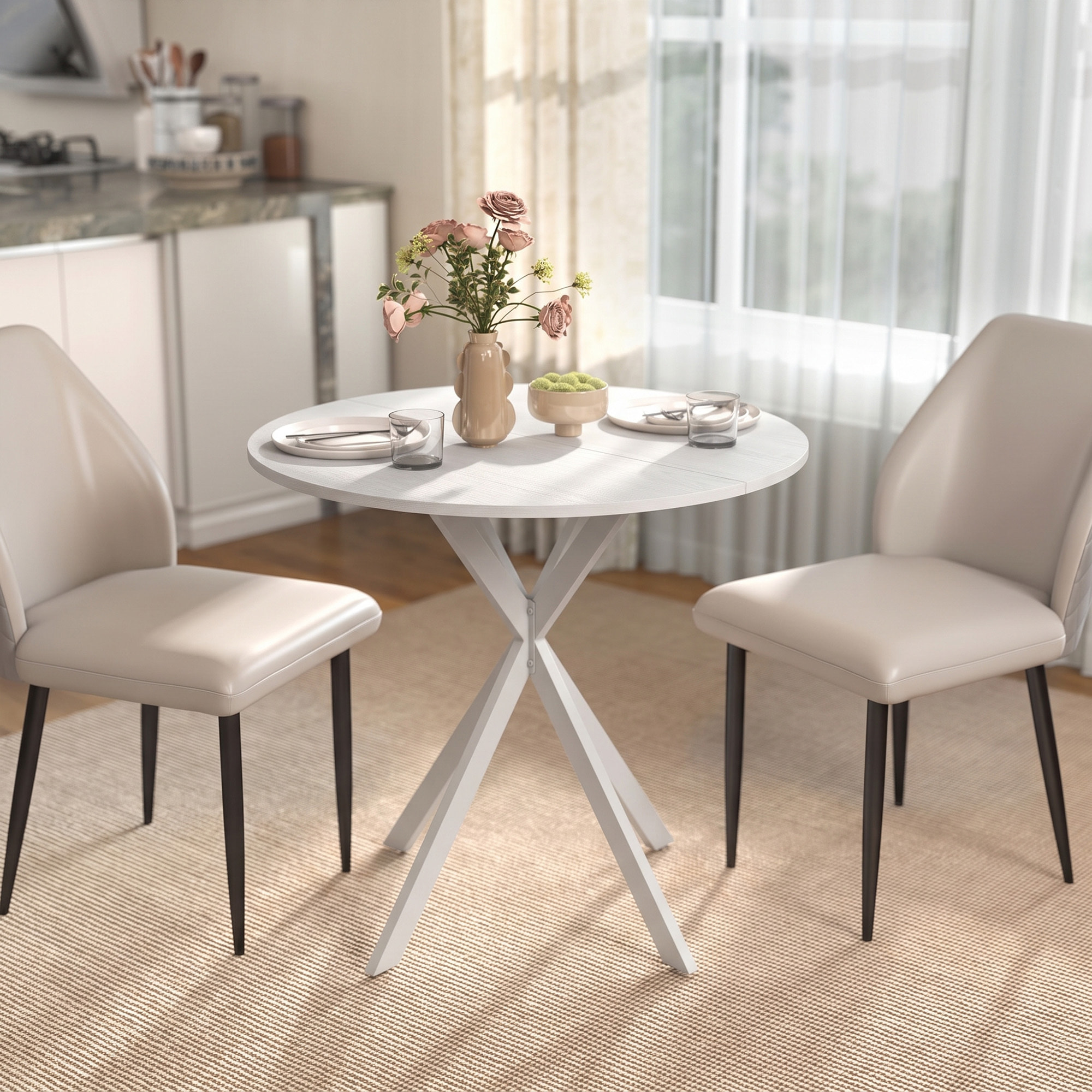 HOMCOM Mesa de Comedor Redonda, Mesa de Cocina Pequeña para 2 Personas, Estilo Moderno, Patas de Acero Cruzadas, para Comedor, Cocina, Salón, Ø80 cm, Blanco