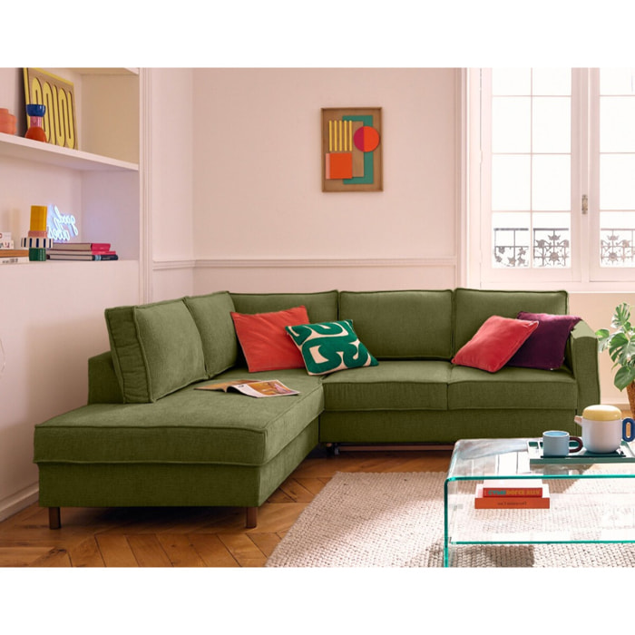 Jake - canapé d'angle gauche 5 places convertible en tissu velours relief - Vert