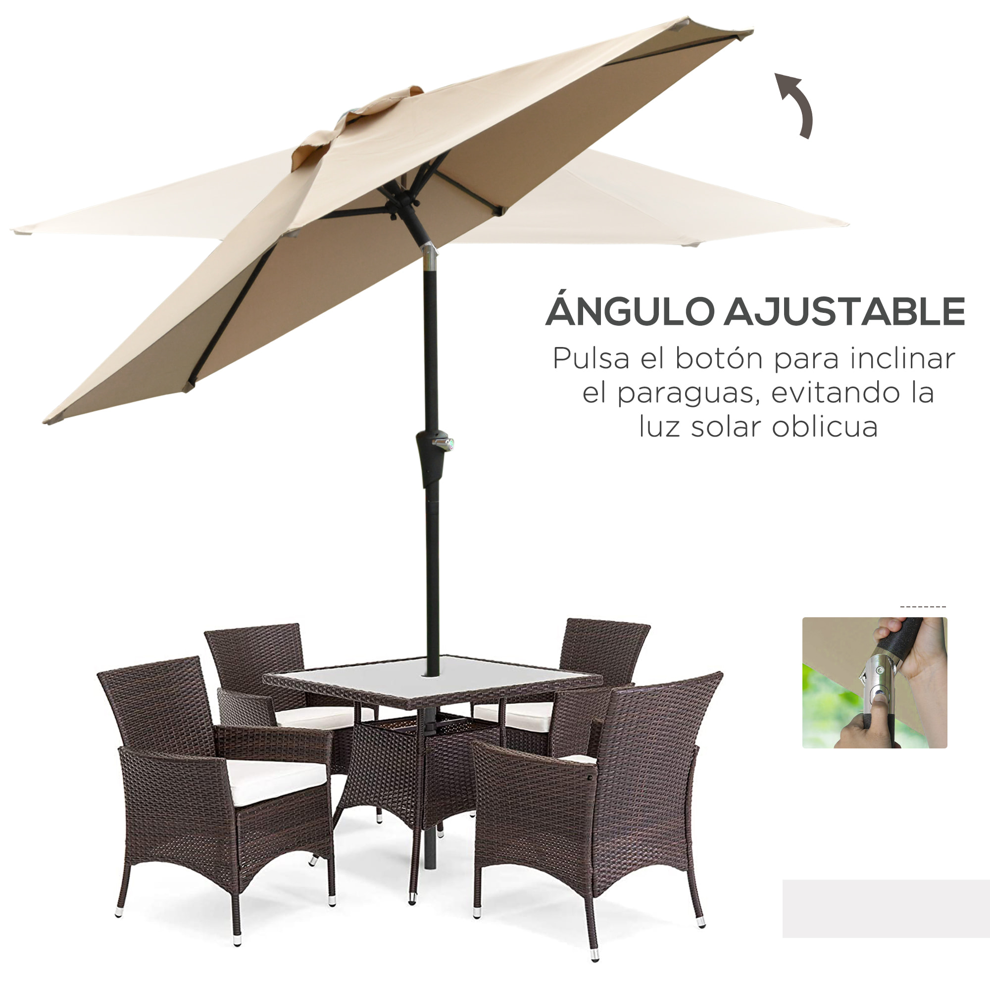 Outsunny Sombrilla de Jardín Ø230x216 cm Parasol de Terraza Basculante Apertura Manual Impermeable para Patio Piscina Caqui