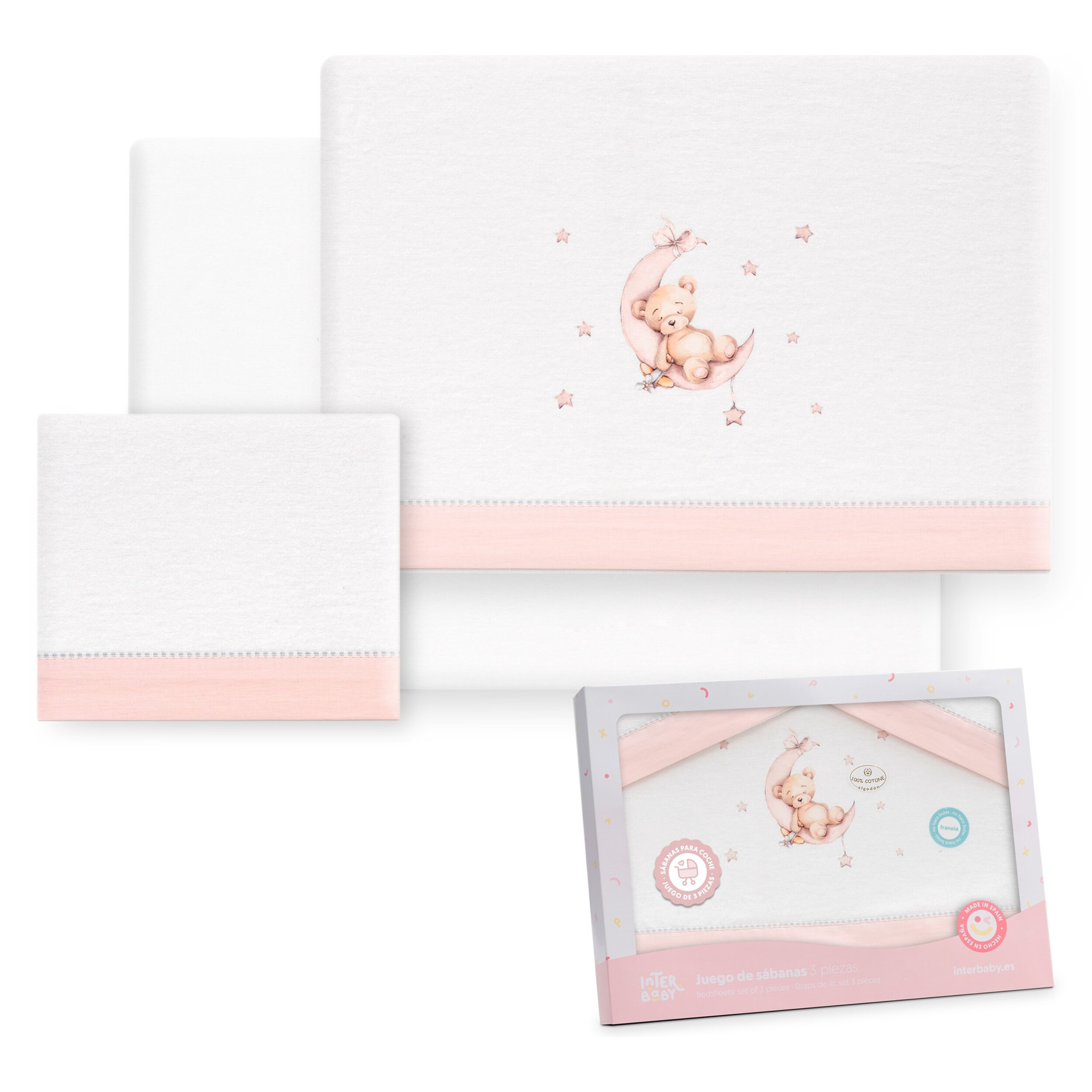 Triptico Coche Franela Estampado Oso Luna Estrellas Bco/Rosa