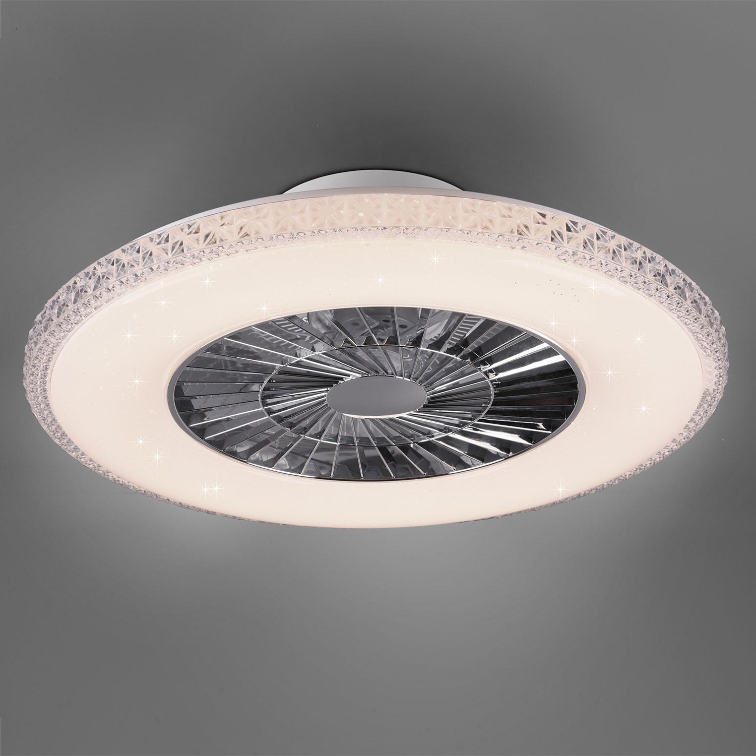 Harstad - Ventilatore e plafoniera LED Ø60 cm con bordo effetto cristallo, telecomando, dimmer, timer, luce notturna ed effetto stelle