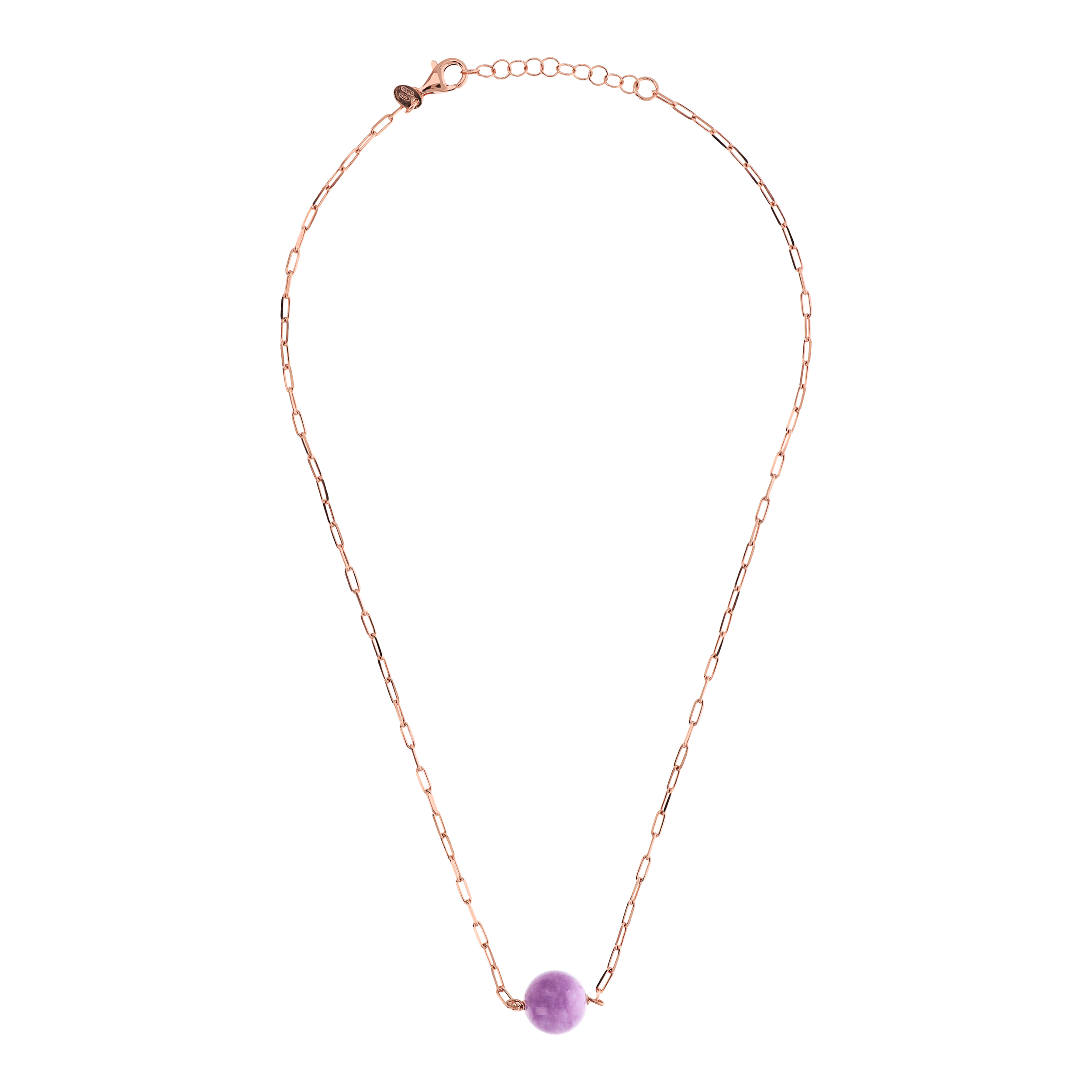 Collana Catena Forzatina con Pendente Sferico in Pietra Naturale Quarzite Viola in Argento 925 placcato Oro rosa 18Kt