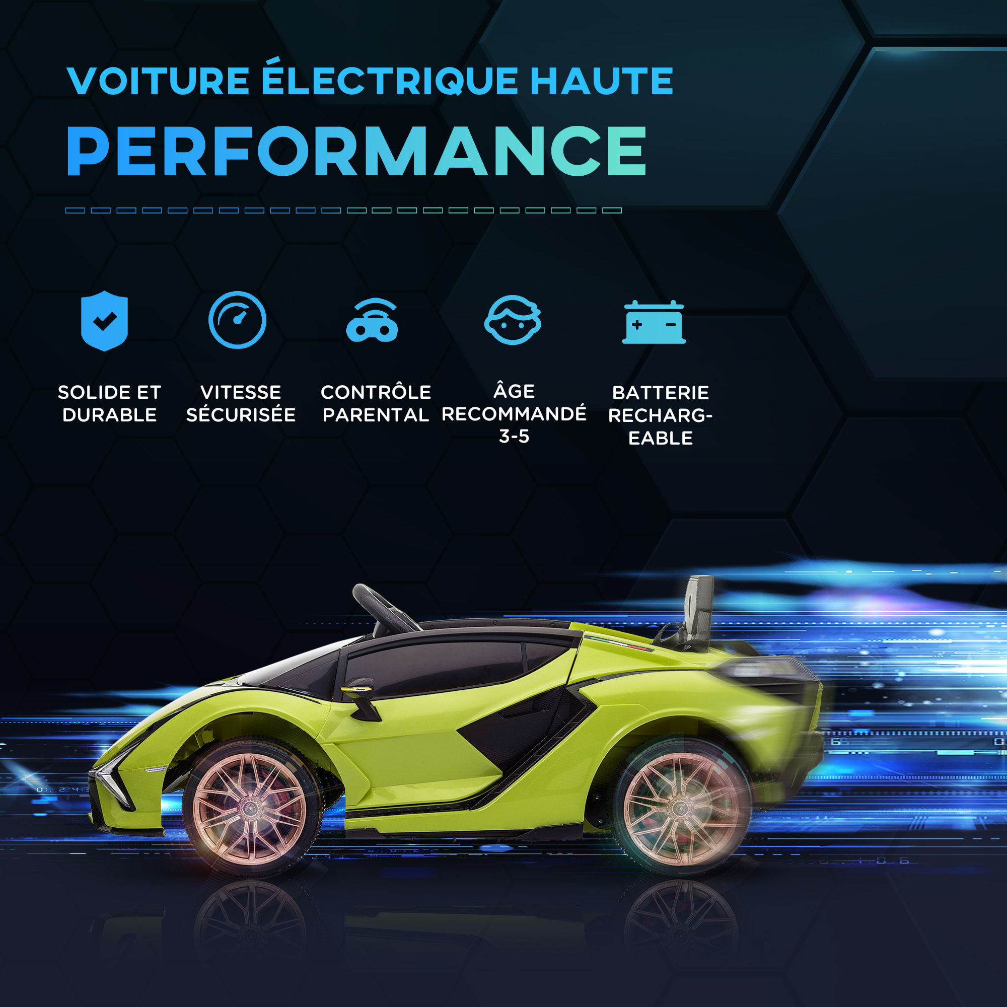 Voiture électrique enfant de sport supercar 12 V - V. max. 5 Km/h effets sonores + lumineux vert