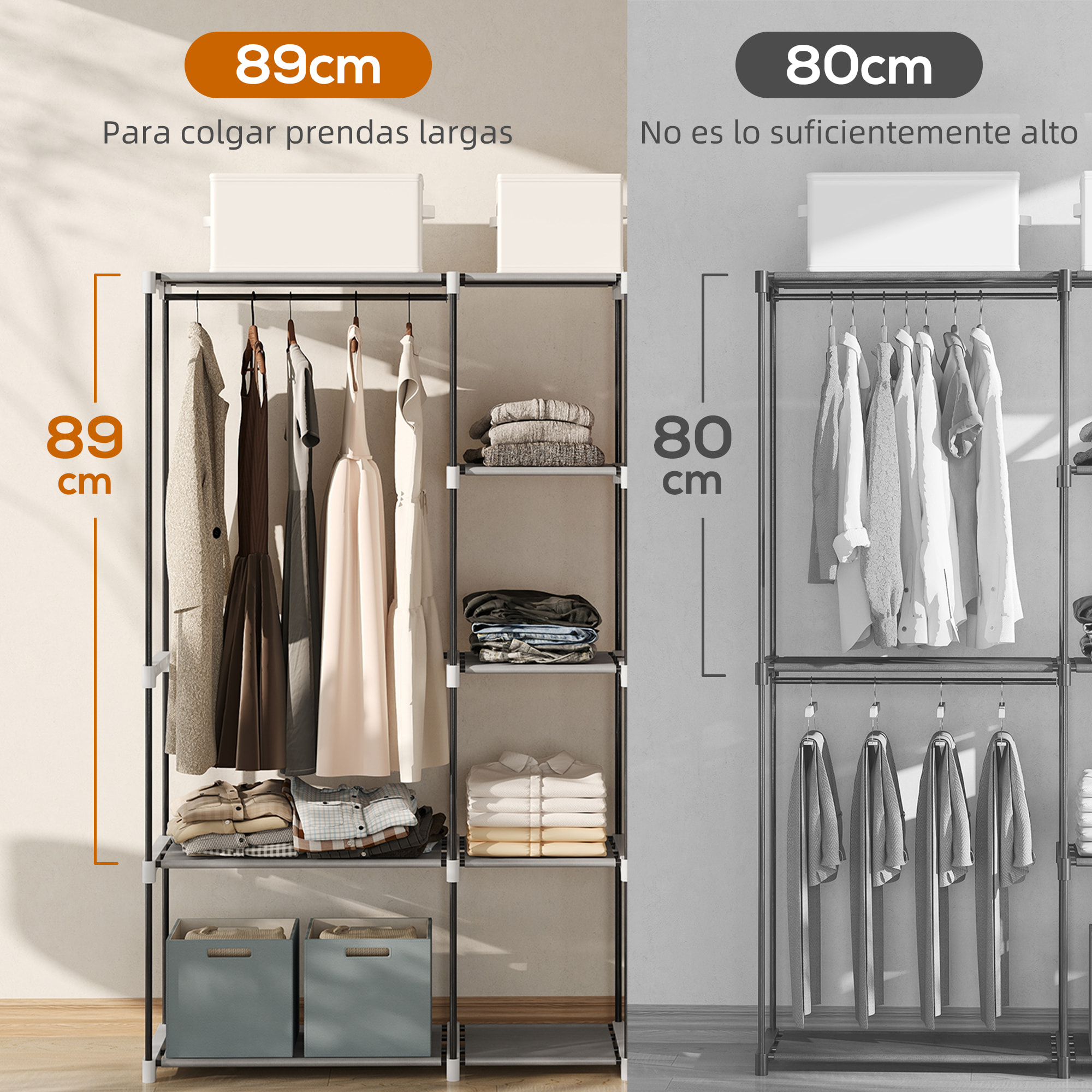 Armario de Ropa, Perchero, 182x43x185 cm, Armario Abierto con 8 Estantes de Tela, Barras para Colgar, Marco de Metal, para Dormitorio, Salón, Vestidor, Gris Claro